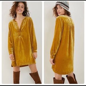 Anthropologie Melody Velvet Yellow Tunic Dress With Pockets Spring Boho Style